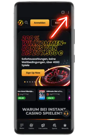 Um die Instant Casino App hinzuzufügen, klicken Sie auf die 3 Punkte