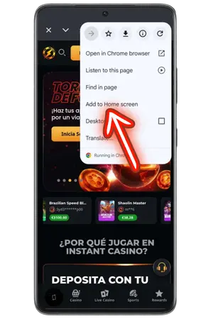 Haz clic en el botón "Añadir casino a la pantalla de inicio"