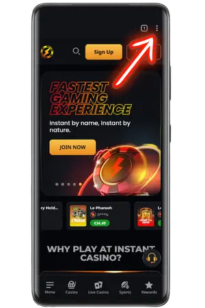 To add the Instant Casino App, click on the 3 dots