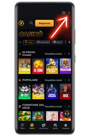 Per aggiungere Instant Casino App, clicca sui 3 puntini