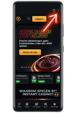 Om de Instant Casino App toe te voegen, klikt u op de drie puntjes.