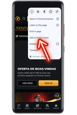 Clique no botão "Adicionar casino ao ecrã inicial".
