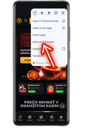 Kliknite na tlačidlo Pridať kasíno na domovskú obrazovku